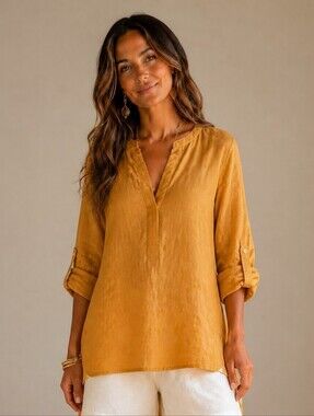 Ellen Tracy Marigold 100% Linen Tunic Top - Size Large Quiet Luxury Minimalist